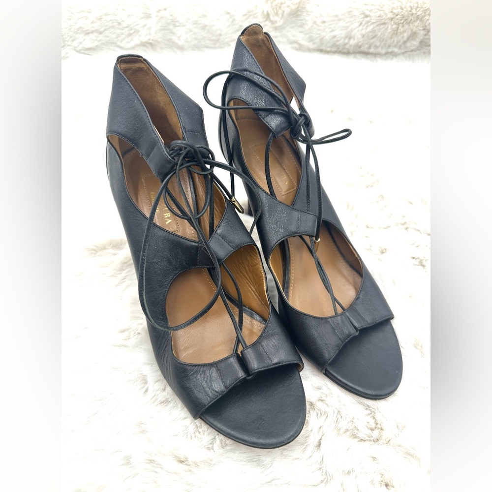 Aquazzura Lace-Up Sandals Christy Black‎ Leather Size 38.5 Open Toe Heel US 8.5